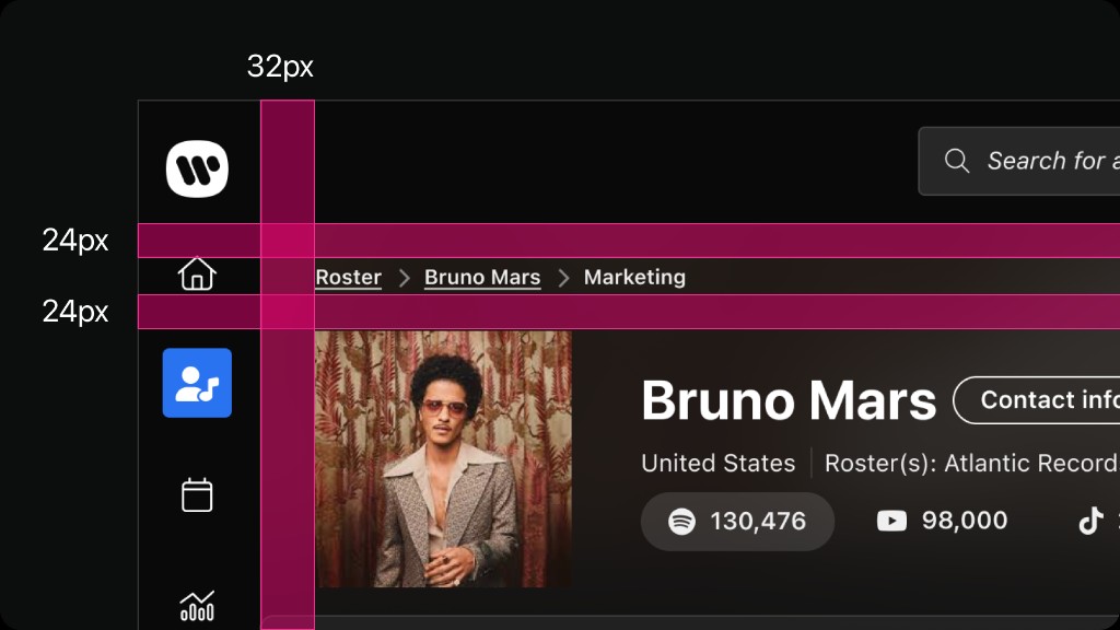 Breadcrumb placement example showing spacing of 32px from top, 24px between navigation elements